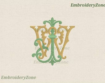 Double antique monograms old style J & W Machine embroidery designs. 2 monogram J I and W intertwined. 7 sizes. Fonts JW WJ IW. 4x4 5x7 6x10