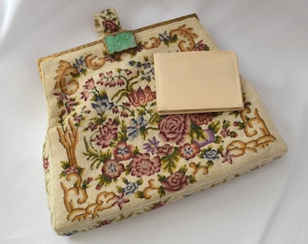 Petit Point Purse TAPESTRY Handbag Needlepoint Floral Design Jade Clasp 7" Long