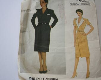 Dress, Double Breasted /coat dress by Ralph Lauren - 1970's - Vogue Designer Original Pattern 2839 UNCUT, Size 10, Bust 83cm