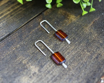 Sterling Silver Dangle Earrings with Orange Rectangular Glass Bead