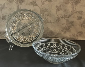 Round Bowl and Relish Dish - Federal Glass Windsor Button & Cane Design - Vintage Pressed Glass - Serving Dish - Vegetable Serving Bowl