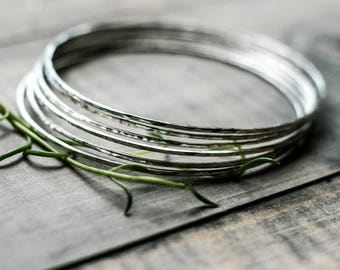Thin Silver Bangles - Hammered Thin Sterling Silver Stacking Bangles - Hammered Bangle Bracelets - Silver Bangle Set - Simple Bracelet