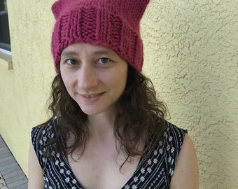warm chunky knit raspberry wool pussy hat : all proceeds to Planned Parenthood