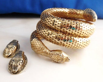 Whiting and Davis Bracelet & Earrings, 3 Coil Snake Bracelet, Vintage Bracelet, Collectble Earrings, Designer Jewelry Set, Wicca Jewelry