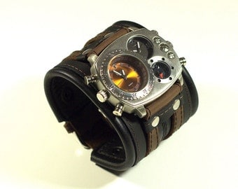 Mens wrist watch bracelet "Highlander"-Steampunk Watches-Mens watch bands-Worldwide Shipping-gifts for him-Leather cuff wrist watch