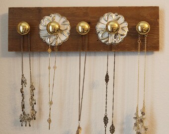 Barn Wood Necklace Holder | Wall Hanging Jewelry Organizer | Wooden w/ Vintage Knobs Jewelry Holder | Shabby Chic Hanging Necklace Organizer