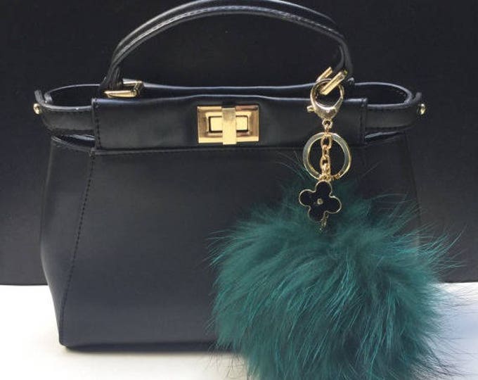Bottle Green Raccoon Fur Pom Pom luxury flower keychain ring chain bag charm