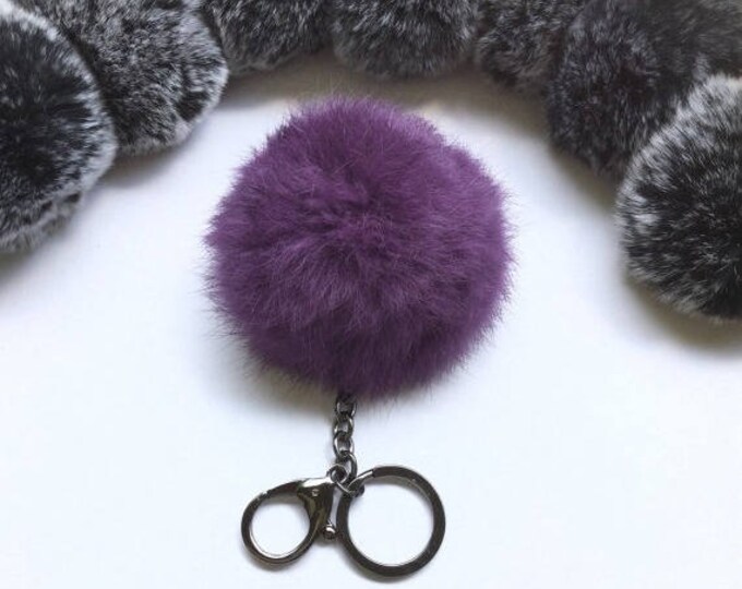 Gun Metal series Rabbit fur pom pom ball with elongated gunmetal keychain in deep purple