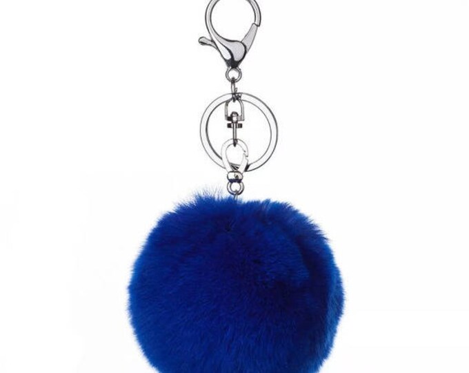 Royal Blue Fur pom pom keychain fur ball bag pendant charm silver hardware