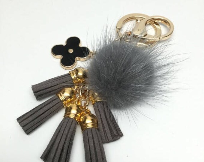 Cute Genuine Mink Fur Pom Pom Keychain bag charm with suede tassels and flower charm in Gray