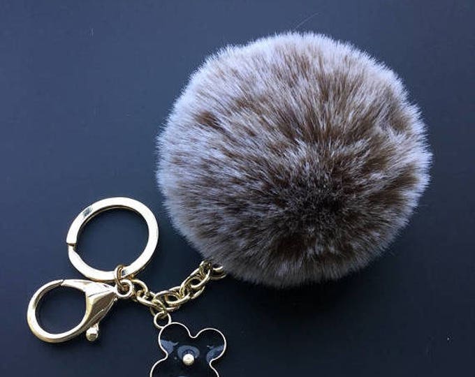 Faux Duo Brown Frost Fur Pom Pom bag Keyring keychain pom pom fake fur ball