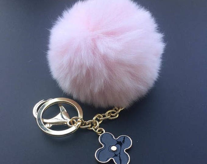 Pale Pink Rabbit fluffy ball furkey fur ball pom pom keychain for car key ring Bag Pendant