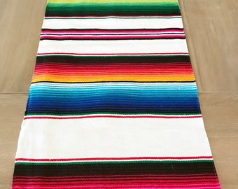 Mexican Serape table runner, Southwestern decor, tribal party decor, Fiesta decorations, striped rainbow white