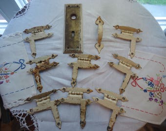 Vintage Hardware Hinges Door Plate Handle Chipped Painted Rusty Hammered Craft Re-Purpose