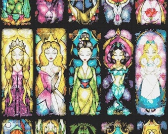 ON SALE Counted Cross Stitch Patterns - fifteen Disney princesses stained glass - 21.64" x 35.21" - L748