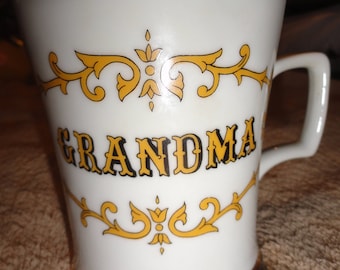 Vintage GRANDMA Knobler Japan White With Yellow Scroll Marquee Gold Banded Poem Coffee Cup