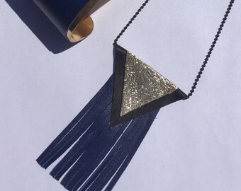 Triangles in black leather and gold, blue fringe necklace