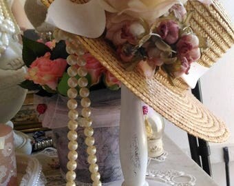 Wearing hat, wearing jewelry, antique white shabby chic