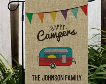 Happy Campers Flag, Personalized Camping Flag, Custom Camp Site Garden Flag, Burlap Camp Flag