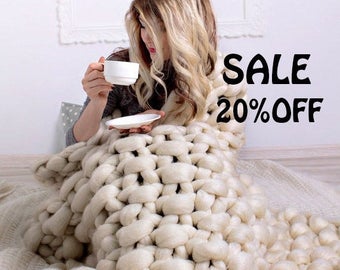 SUMMER SALE Super Chunky Knit Blanket, Chunky knit Blanket, Chunky knits, Chunky blanket, Merino wool blanket, Wool Blanket, Throw Blanket,