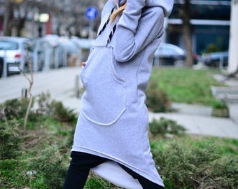 15% SUMMER SALE Women's Clothing, Dresses, Plus Size Clothing, Womens Dress, Asymmetric Light Grey Hooded Dress, Hooded Dress, Hooded Dress