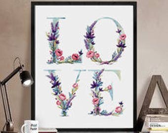 Cross stitch modern pattern Love design, PDF pattern download. Patrón punto de cruz moderno Love descargable PDF
