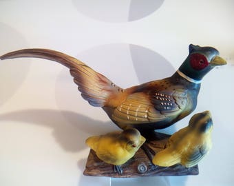 Vintage 1960's Pheasant And Two Chicks Figurine by Enesco, Made in Japan