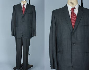 Vintage 1950s Men's Suit | Gunmetal Grey Single Breasted Narrow Lapel Suit | Size 42