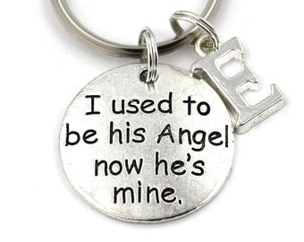 I Used To Be His Angel Now He's Mine Key Ring, Personalized Memorial Keychain, Dad Remembrance Keyring, Initial Keychain, Sympathy Gift,Loss