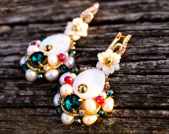 Freshwater Pearl Earrings Bridal Wedding Earrings Anniversary Jewelry Embroidered OOAK Earrings Beaded Jewelry Inspiration High Fashion