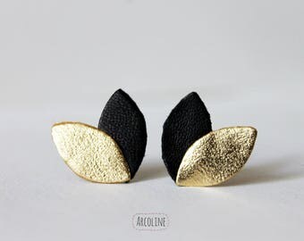Earring studs black leather petals