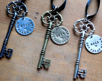 New Home Ornament/ First Home Skeleton Key Ornament / Family Gift / Stamped / Housewarming / Christmas/Realtor Gift /