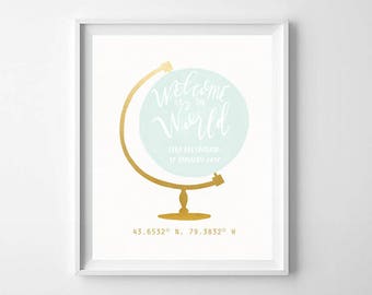 Personalized Globe Nursery Printable - Mint and Gold Nursery Wall Art - Custom Nursery Globe Print - Nursery Globe Art Print - Nursery Decor