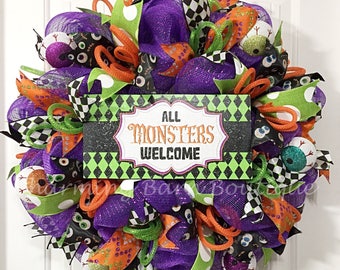 Halloween Wreath, Happy Halloween Wreath, Front Door Wreath, Monster Wreath, All Monsters Welcome, Halloween Decor, Halloween Decoration