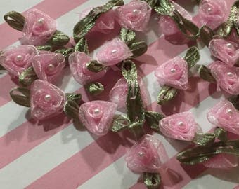 1"wide Pink Organza Roses & Green Leaves with Pearl Center|Pink Ribbon Roses Flowers |Mini Organza Rosettes Embellishment DIY Craft Supplies