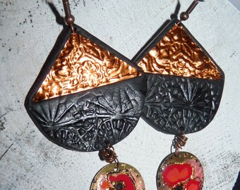 Ethnic earrings tribal copper dark red rose print iridescent glaze-handmade