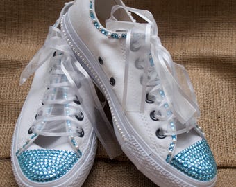wedding converse trainers with crystals lace & pearls.