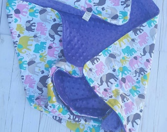 Elephant Minky Blanket- crib bedding, baby shower gift for girl, minky baby blanket, baby bedding, baby nursery, pink and teal, zoo animal