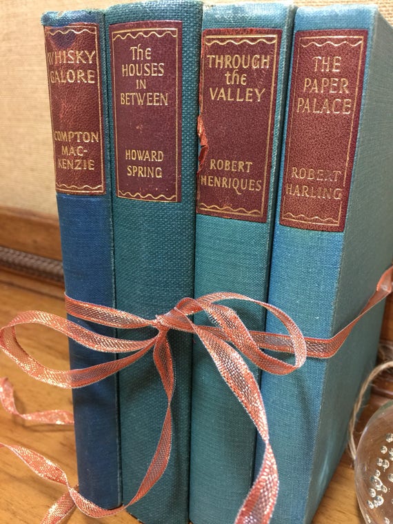 TEAL GREEN BLUE Vintage Book Collection - Old Books Decoration - Green Blue Home Decor - Copper Rose Gold Decor - Interior Design Prop