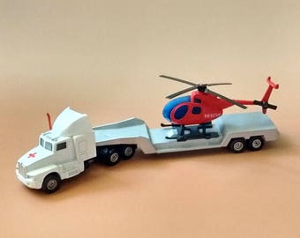 Model Truck, Helicopter, Miniature Collectibles, Model Helicopter, Toy Vehicle, Toy Truck, White Truck Cab, Car Hauler, Rescue Decals Labels