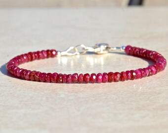 Ruby Bracelet, July Birthstone Bracelet, Beaded Bracelet, Natural Ruby Gemstone Bracelet, Silver Charm, Gift for Her, Stacking Bracelet