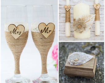 Rustic Wedding Set Unity Candle Ring Box Champagne Glasses Personalized Ring Bearer Toasting Flutes Ivory Unity Candle Ceremony