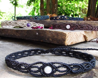 Moonstone macrame choker - headpiece boho headband gothic jewellery dark fae creepy cute gift 90s black choker hippie goth gifts vegan bead