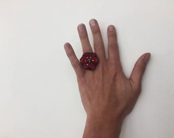 Red patchwork ring with crystals