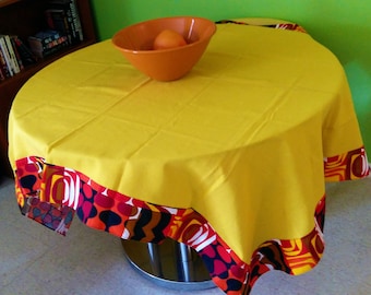 70s Vintage Tablecloth Mid Century 1970s Op Art Linen Table covering MCM Rectangle Yellow Black Brown White Wine
