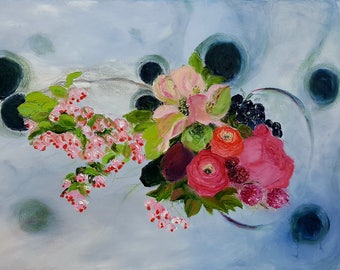 Original hand painted oil painting -Abstract and flowers- made by Sarmite Alksne size 24"x36"