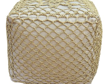 Pouf square gilded "Lala" Golden floor cushion - Handmade crochet gold lamé linen - Ottoman