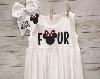 Four Birthday Outfit, Minnie Mouse Dress, Four Birthday Shirt, Four shirt, Toddler girls clothing, Minnie Mouse, Disney Dress, custom dress