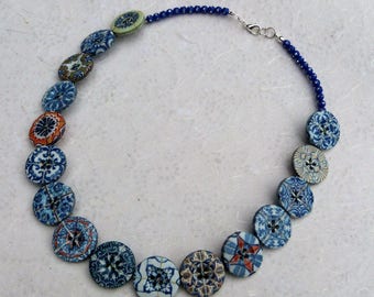 Collier, ras de cou, boutons, carreaux de ciment, mosaïque, Necklace, short of neck, buttons, cement tiles, mosaic, femme, woman,