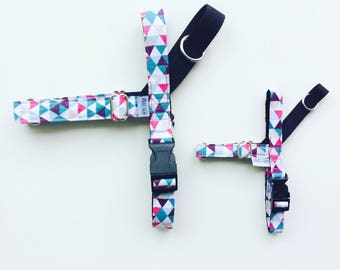 Dog harness adjustable Multitriangles (fuchsia and blue)/ No pull dog harness/Pet supplies/small large dog / Dog gift / No pull Dog training